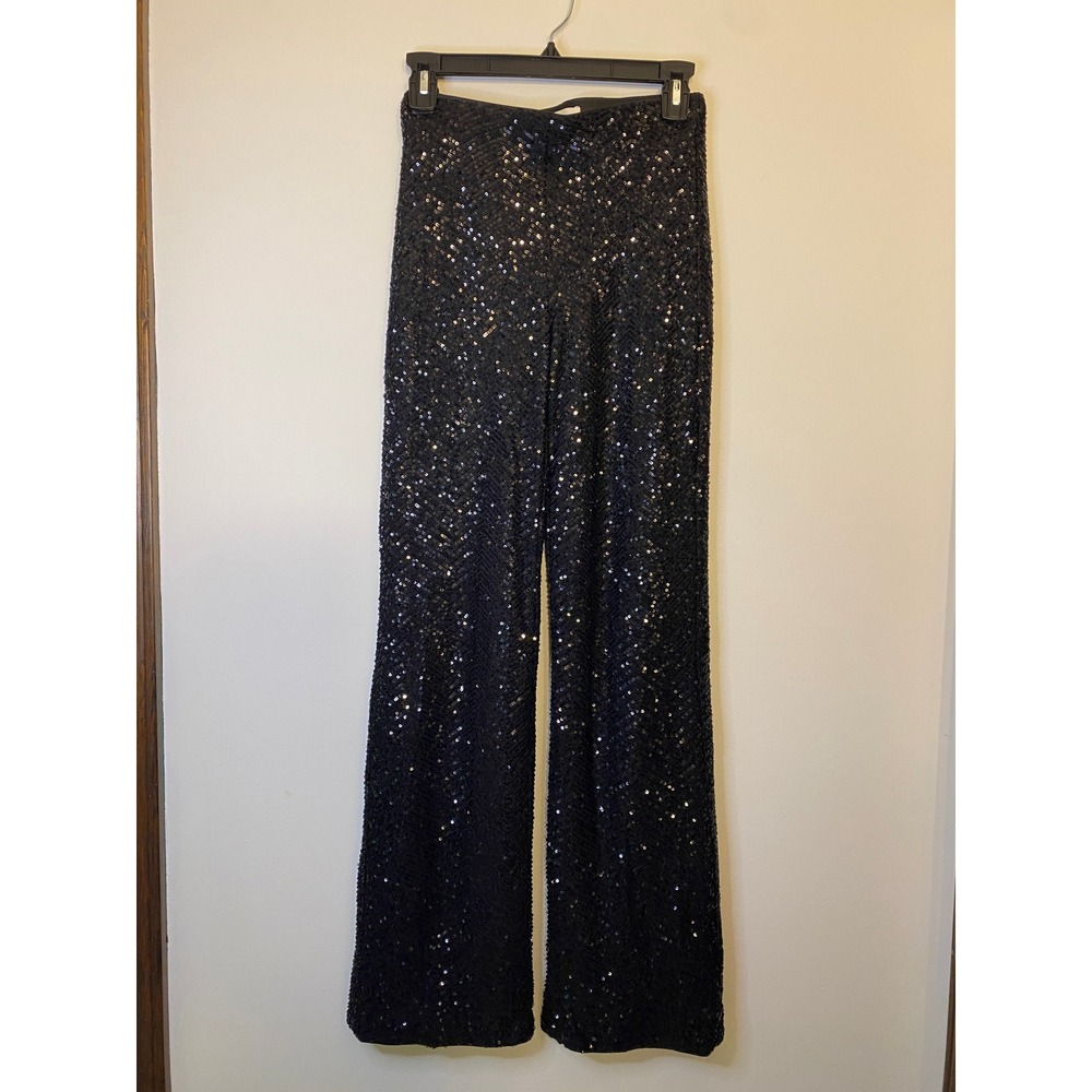 H&M Black Sequin Straight Leg Pants Womens XS High Waisted Party Holiday Sparkle